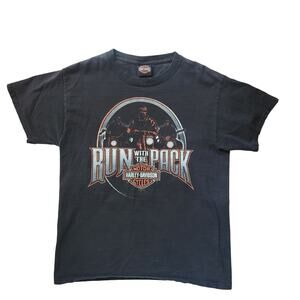 Harley Davidson Hanes Beefy T "Run With the Pack" Black Sz M Biker Grunge Casual